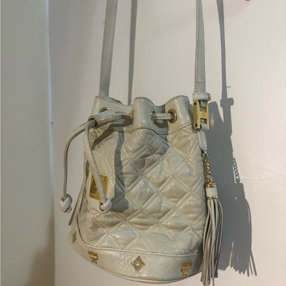 MCM Cream Crossbody Bucket Bag